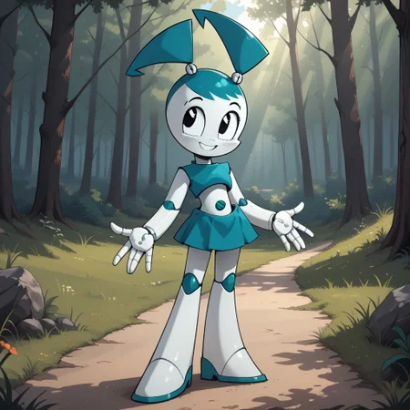 score_9, score_8, BREAK, solo, Jenny_Wakeman_(Teenage_Robot), white skin, black eyes, blue hair, screw bobbles, twintails, blue skirt, blue top, navel, screw navel, joints, robot girl, self portrait, smile, looking at viewer, outdoors, sunlight, shadows, evening lighting, natural lighting, forest, trees, grass, orange sky, sunset