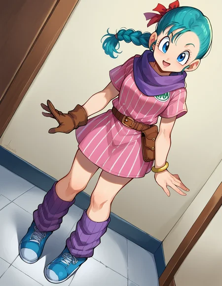 score_9, score_8_up, score_7_up, source_anime,
dragonballbulma, <lora:dragonball-bulma-ponyxl-lora-nochekaiser:1>,
bulma, blue eyes, blue hair,
ankle boots, ankle socks, belt, blue footwear, boots, bracelet, braid, braided ponytail, brown belt, brown gloves, dress, gloves, hair ribbon, jewelry, loose socks, parted bangs, pink dress, purple scarf, purple socks, red ribbon, ribbon, scarf, shoes, short dress, short sleeves, single glove, sneakers, socks, vertical-striped clothes, vertical-striped dress,
indoors,
looking at viewer, dutch angle, cowboy shot,