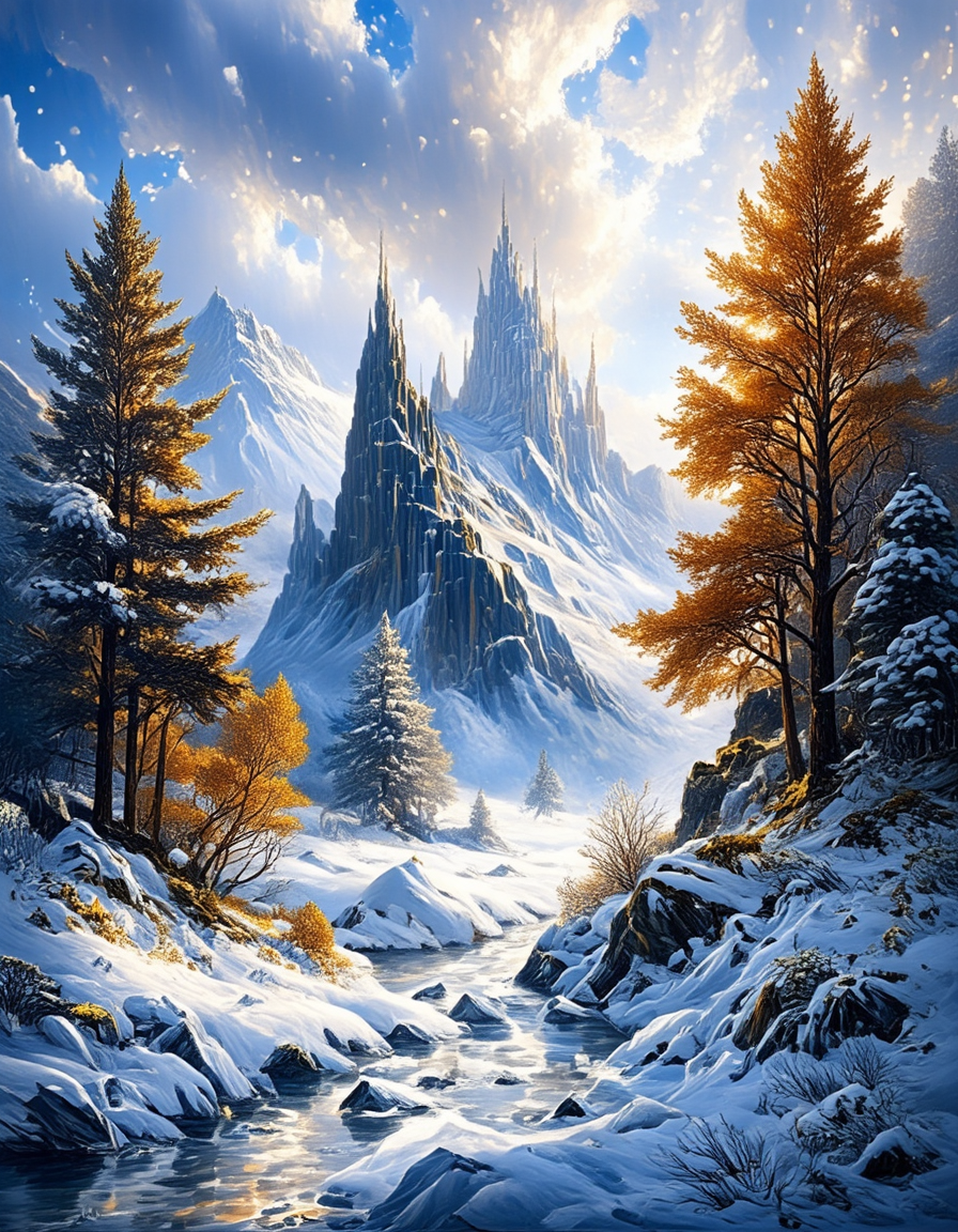 <lora:Medieval_Worlds_Scenery01cflux:1> mwl01, scenery, bokeh, trees, mountains, snow, river, T2, white, gold, black,