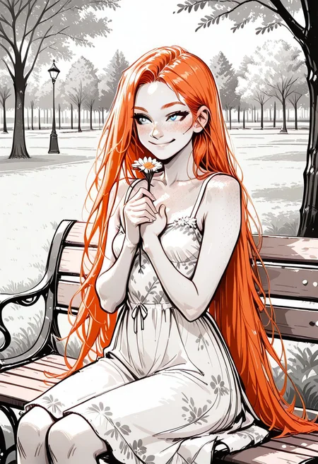 masterpiece, best quality, 32k, high resolution, absurdres, Jedsk5tch, sketch, black and white, monochrome, pastel colors, Ginger, GingerRH, Very long  ginger hair, straight hair, parted bangs, blue eyes, freckles, chest freckles, , small breasts, floral sundress, sitting on a bench, park, smiling, looking away, holding a flower, detailed, outdoors,, hands on chest, focus on face, screentones, shadows, chiaroscuro