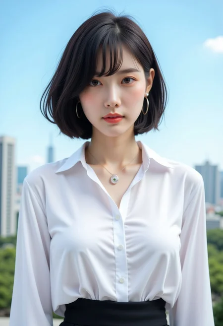 Realistic photograph, Movie light, film grain, short hair, bob cut, hair over one eye, (solo, secretary, sexy), necklace, earrings, long bang hair, thick thighs, wide hips, perfect large round butt, silk stocking, garter belt, long legs, shiny skin, parted lips, standing, outdoors, sky, building, Against a soft, true gradient blue background, Realistic photograph, Movie light, film grain, close-up, upper body, 1girl, (ultra HD quality details), perfect sagging large breasts, dynamic angle, dynamic pose, white shirt, collared shirt, school uniform,