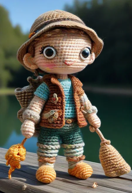 DJ fishing, lake, by saint exupery, crocheted style