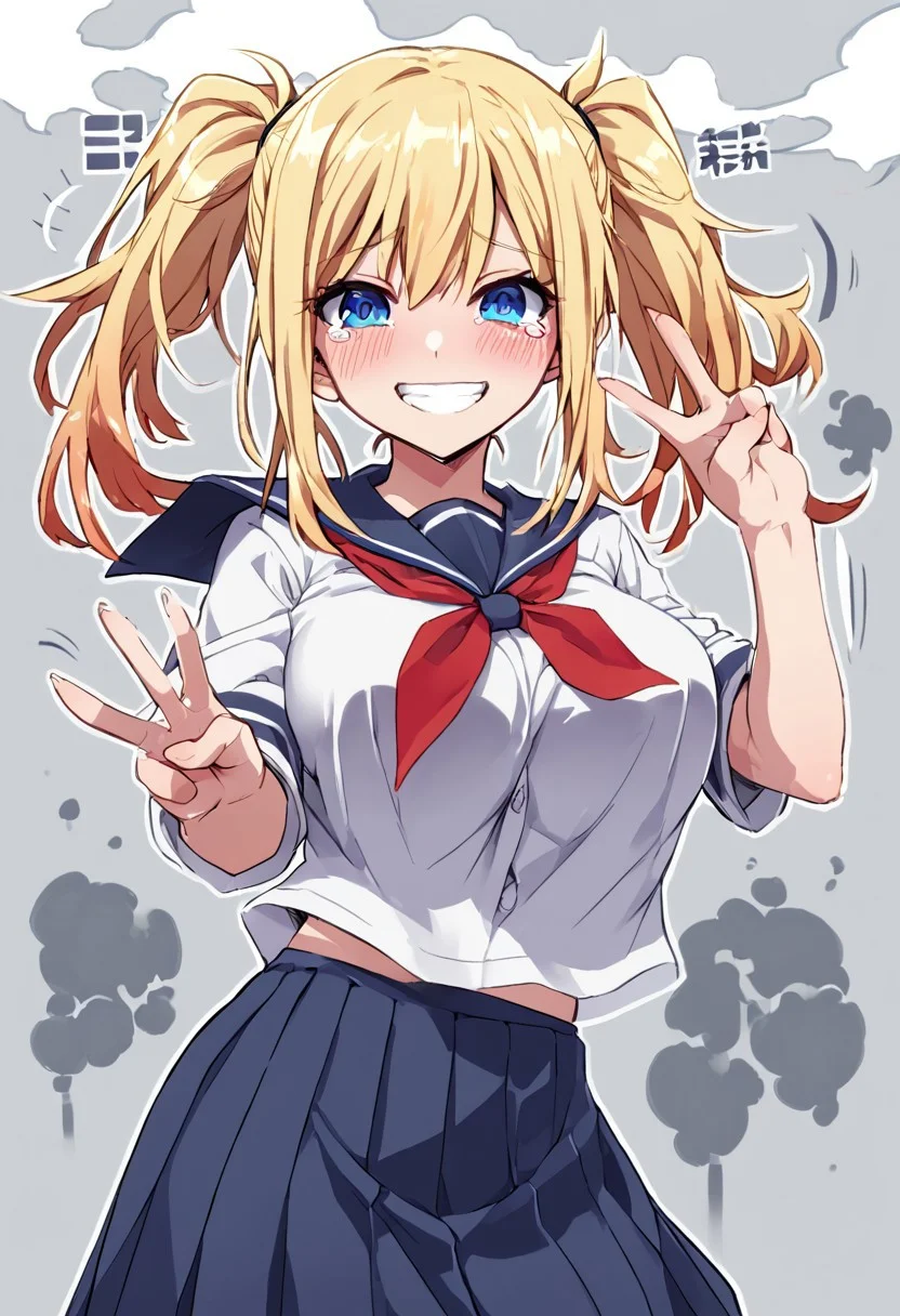 jin, thick outline, source cartoon,
score_9, score_8_up, score_7_up, character portrait, cowboy shot, solo, 1girl, looking at viewer, teary, blond hair, twintails, medium hair, large breasts, white school uniform, skirt, mid movement,
peace, smile, blushing, motion lines, effects, smoke clouds, pose, dynamic pose,