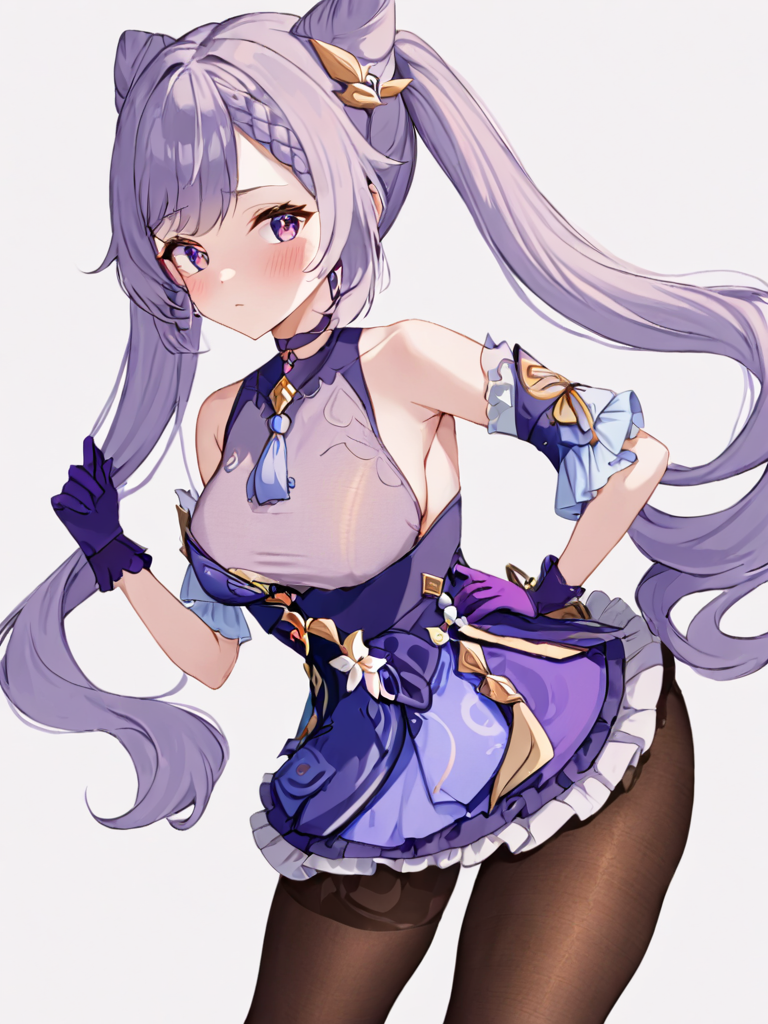 <lora:keqing3:1>,guanfu, 1girl, keqing (genshin impact), solo, gloves, twintails, purple hair, hair bun, pantyhose, looking at viewer, hair ornament, long hair, white background, cone hair bun, breasts, simple background, purple eyes, bare shoulders, detached sleeves, neck tassel, jewelry, skirt, dress, earrings, bangs, braid, blush, frills, cowboy shot, black pantyhose, brown pantyhose, frilled skirt, choker, closed mouth, double bun, purple gloves, medium breasts, hand on hip