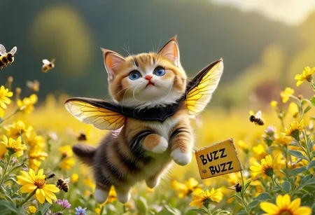 photorealistic 
a flying kitten with a sign around their neck, flying cat, cat bee hybrid, bumble bee fur, ((kitten has yellow and black striped fur)), (((bee wings))), blue eyes, (((Sign hanging around neck that says "Buzz Buzz"))), kitten is flying over a flower field with vibrant colors
1cat
highly detailed, aesthetic, great lighting, extremely detailed, award winning, perfect composition, a rich and complex image of nature, a vibrant tissue of hues and textures captured digitally, best quality, realistic, captivating, intricately detailed, hyper detailed, maximalist style, photorealist, sharp focus, dynamic lighting, superb composition, finest details, highest aesthetics, best quality, sharp focus, high contrast, stylized, clear, colorful, ultra quality, 8k, best quality, masterpiece,midjourneyv6.1
AP, no humans, animal focus, cat ,looking at viewer, animal,whiskers