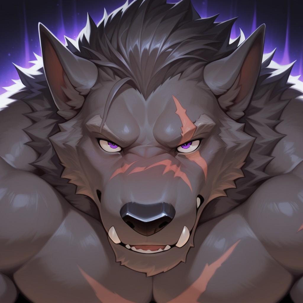 masterpiece, best quality, amazing quality, solo, 1boy, Blaidd, scar, bara, purple eyes, close up, null-ghost style, 