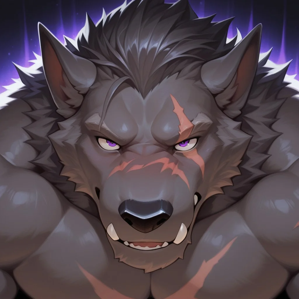 masterpiece, best quality, amazing quality, solo, 1boy, Blaidd, scar, bara, purple eyes, close up, null-ghost style,