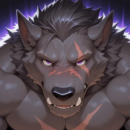 masterpiece, best quality, amazing quality, solo, 1boy, Blaidd, scar, bara, purple eyes, close up, null-ghost style, 
