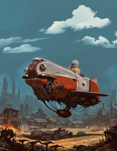 Art by Alejandro Burdisio. A digital illustration shoot from below about a futuristic spaceship flying over a futuristic cityscape with a sci-fi theme. the image also shows a futuristic flying car with a sleek, streamlined design and a large, angular cockpit, featuring a number 25 on the side and a star emblem on the front. the flying car is in the center of the image, with a clear blue sky and fluffy white clouds in the background. on the left side, a man is sitting in the cockpit, wearing a white helmet, looking out over the cityscape. in the foreground, a group of small, futuristic vehicles with wings can be seen, and on the right side, another vehicle is visible. the scene is set in a post-apocalyptic wasteland, with industrial structures and smokestacks in the distance, giving a sense of a bustling industrial environment. the overall atmosphere is reminiscent of a futuristic futuristic city with a focus on science fiction and technology.