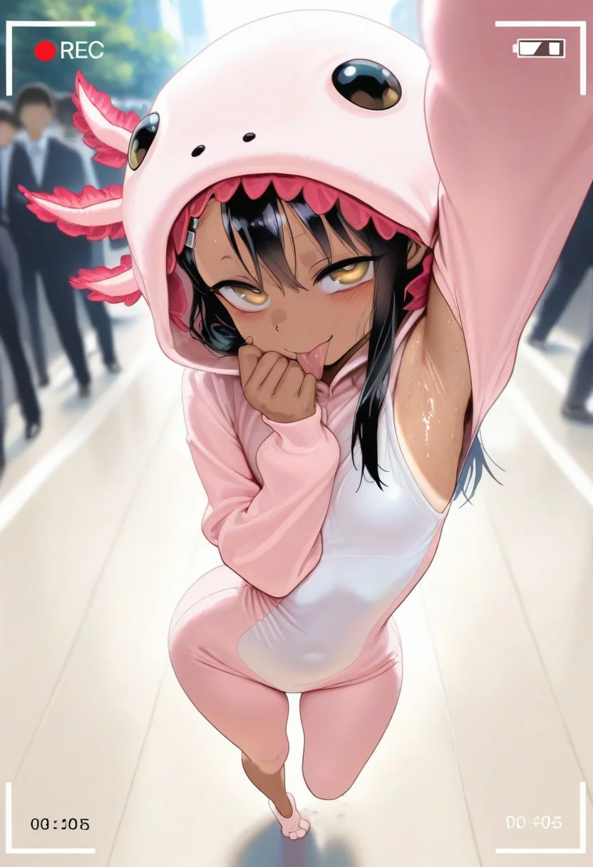 masterpiece, best quality, very aesthetic, absurdres, Detailed face, 8k, Ultra_HD, (detailed background:1.1), 1=2, face closeup, from above, zoom on face, rec, recording frame, photograph,
solo, 1girl, Hayase Nagatoro, petite, beautiful, perfect eyes, (golden eyes:1.1), dark skin, black hair, long hair, tanned skin, tanline, hourglass figure, animal costume, axolotl onesie, skindentation, skinny body, small breasts, short girl, cat eyes, jocking expression, wide eyes, in front of viewer, face close to the lens, pov, posing, original pose, complex pose, on tiptoe, one arm up, sweaty armpit, licking her own armpit, tongue out, very flexible, wide hips, narrow waist, looking at viewer, puffy lips, detailed background, blurry background, comiket, crowded place,