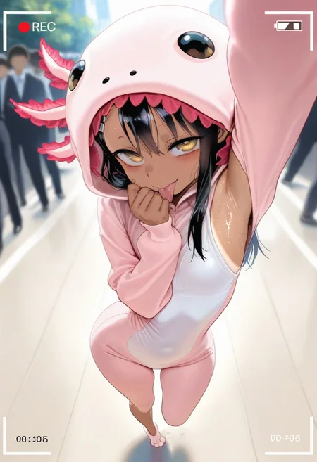 masterpiece, best quality, very aesthetic, absurdres, Detailed face, 8k, Ultra_HD, (detailed background:1.1), 1=2, face closeup, from above, zoom on face, rec, recording frame, photograph,
solo, 1girl, Hayase Nagatoro, petite, beautiful, perfect eyes, (golden eyes:1.1), dark skin, black hair, long hair, tanned skin, tanline, hourglass figure, animal costume, axolotl onesie, skindentation, skinny body, small breasts, short girl, cat eyes, jocking expression, wide eyes, in front of viewer, face close to the lens, pov, posing, original pose, complex pose, on tiptoe, one arm up, sweaty armpit, licking her own armpit, tongue out, very flexible, wide hips, narrow waist, looking at viewer, puffy lips, detailed background, blurry background, comiket, crowded place,