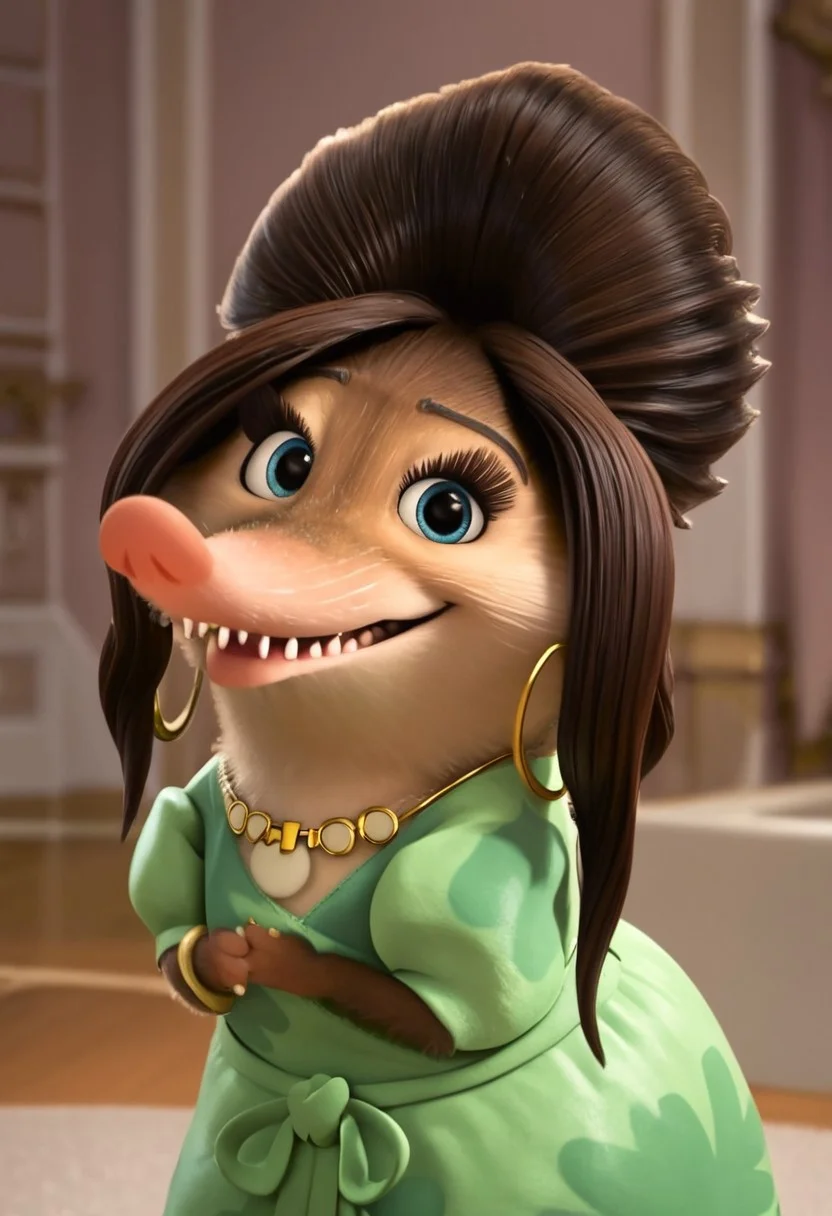 frufru_z+casual, furry, anthro, female arctic shrew, brown pouf hair, tan golden-brown fur, long pink nose, big eyelashes, light blue eyes, golden-brown hands (four fingers), short claws, brown-gray feet, brown tail, mint green dress (dark green clover patterns), green ribbon around the waist, golden earrings (big golden hoop rings), gold bracelet on right arm, golden necklace with ornaments, score_8_up, score_7_up, BREAK, 1girl, solo, looking at viewer, smiling, waving at viewer, female focus, looking at viewer, detailed background, 4k, masterpiece, best quality, highly detailed, realistic, 3d, cowboy shot