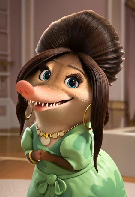 frufru_z+casual, furry, anthro, female arctic shrew, brown pouf hair, tan golden-brown fur, long pink nose, big eyelashes, light blue eyes, golden-brown hands (four fingers), short claws, brown-gray feet, brown tail, mint green dress (dark green clover patterns), green ribbon around the waist, golden earrings (big golden hoop rings), gold bracelet on right arm, golden necklace with ornaments, score_8_up, score_7_up, BREAK, 1girl, solo, looking at viewer, smiling, waving at viewer, female focus, looking at viewer, detailed background, 4k, masterpiece, best quality, highly detailed, realistic, 3d, cowboy shot