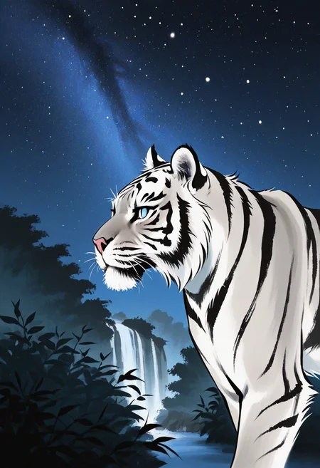 no humans, white tiger, walking, bush, from side, animal focus, (close-up:1.5), eye focus, serious,
BREAK
night, waterfall, darkness, minimalism, starry sky,
BREAK
<lora:Ink_wash_painting_style_from_Doubao_AI_v1:1> dbiwpstyle,
BREAK
best quality, masterpiece, very aesthetic, absurdres, highest detailed, very awa, simple background,