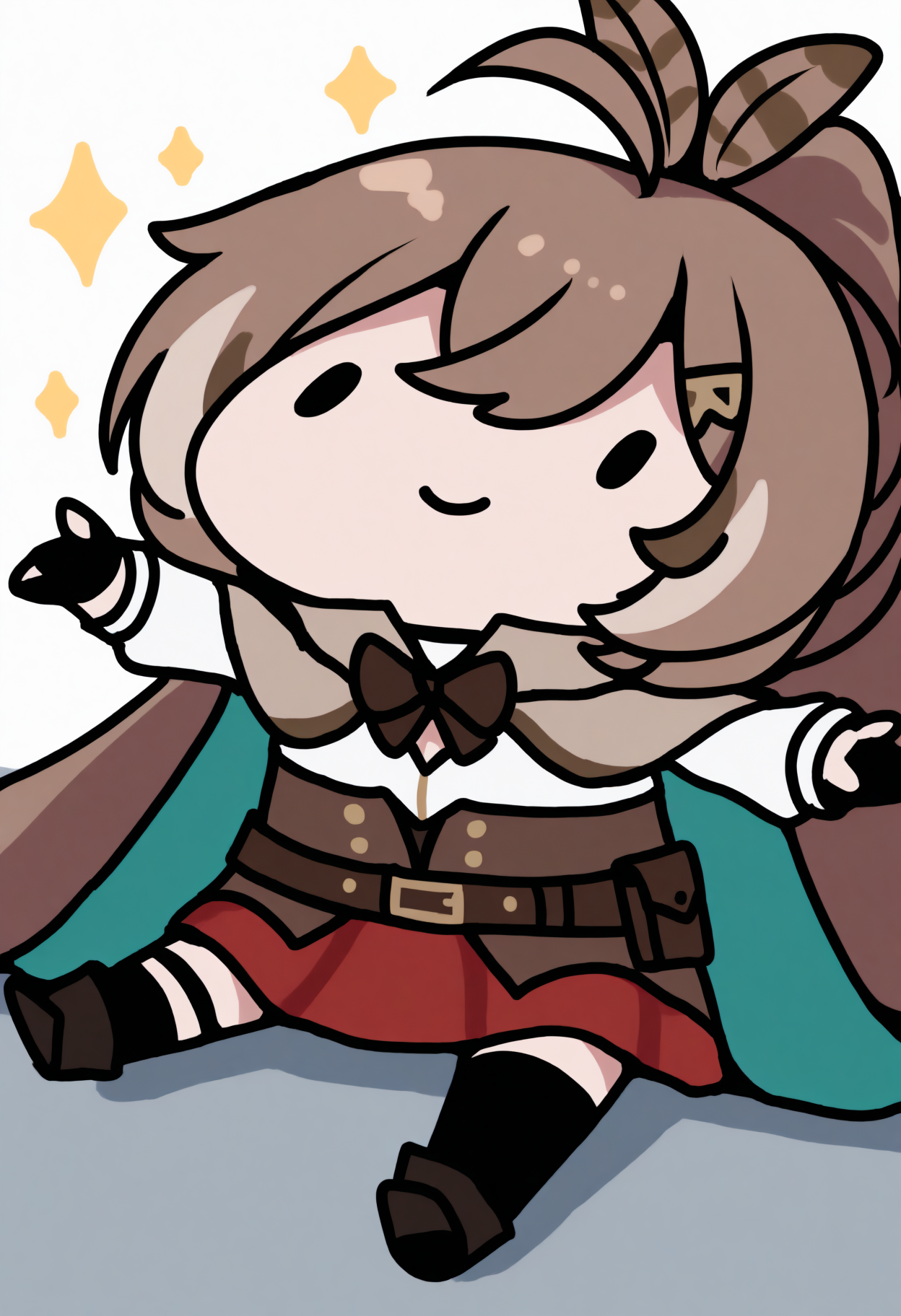 masterpiece, best quality, 1girl, solo, N4nashiDef, brown hair, long hair, streaked sidelocks, ahoge, ponytail, feather hair tie, hairclip, brown capelet, brown bowtie, two-sided cape, green cape, white shirt, high collar, cleavage cutout, brown corset, partially fingerless gloves, black gloves, brown belt, belt pouch, sheathed, red skirt, uneven legwear, black thighhigh, black kneehigh, ankle boots, sitting, on floor, smile, dot eyes, sparkles, spread arms, chibi, meme, thick lines, simple background, white background, <lora:style_walfie_illustriousXL-GLoRA:1>,, <lora:ChamNanashiMumeiNoob:1>