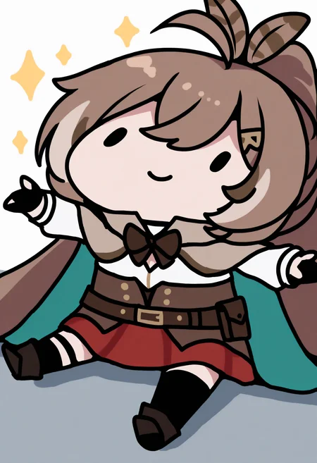 masterpiece, best quality, 1girl, solo, N4nashiDef, brown hair, long hair, streaked sidelocks, ahoge, ponytail, feather hair tie, hairclip, brown capelet, brown bowtie, two-sided cape, green cape, white shirt, high collar, cleavage cutout, brown corset, partially fingerless gloves, black gloves, brown belt, belt pouch, sheathed, red skirt, uneven legwear, black thighhigh, black kneehigh, ankle boots, sitting, on floor, smile, dot eyes, sparkles, spread arms, chibi, meme, thick lines, simple background, white background, <lora:style_walfie_illustriousXL-GLoRA:1>,, <lora:ChamNanashiMumeiNoob:1>