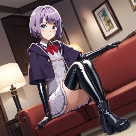 masterpiece, best quality, score_9, score_8_up, score_7_up, full body, 1 girl, looking at viewer, cowboy shot, dutch angle, indoors, sitting on couch, living room, night, blush, smile, mabelcrane, blue eyes, purple hair, short hair, latex school uniform, latex capelet, latex thighhighs, white latex thighhighs, pleated latex skirt, long latex sleeves, latex miniskirt, bangs, buttons, black latex gloves, black latex ankle boots, flat boots