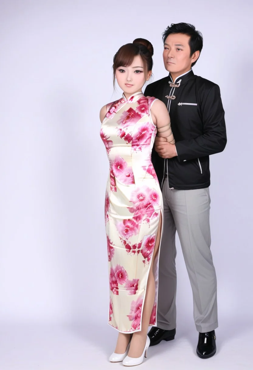 full body,1girl and 1boy,girl's hair bun, ((girl Orgasm look:1.2)), girl's arms behind back,rope bound girl's arms,girl's long pink silk cheongsam,girl's breasts apart,girl's large breasts,girl's small waist,girl's great hips,((The boy stood behind the girl)),((The boy tied the girl's arm with a rope)),The boy wore a black jacket and grey trousers