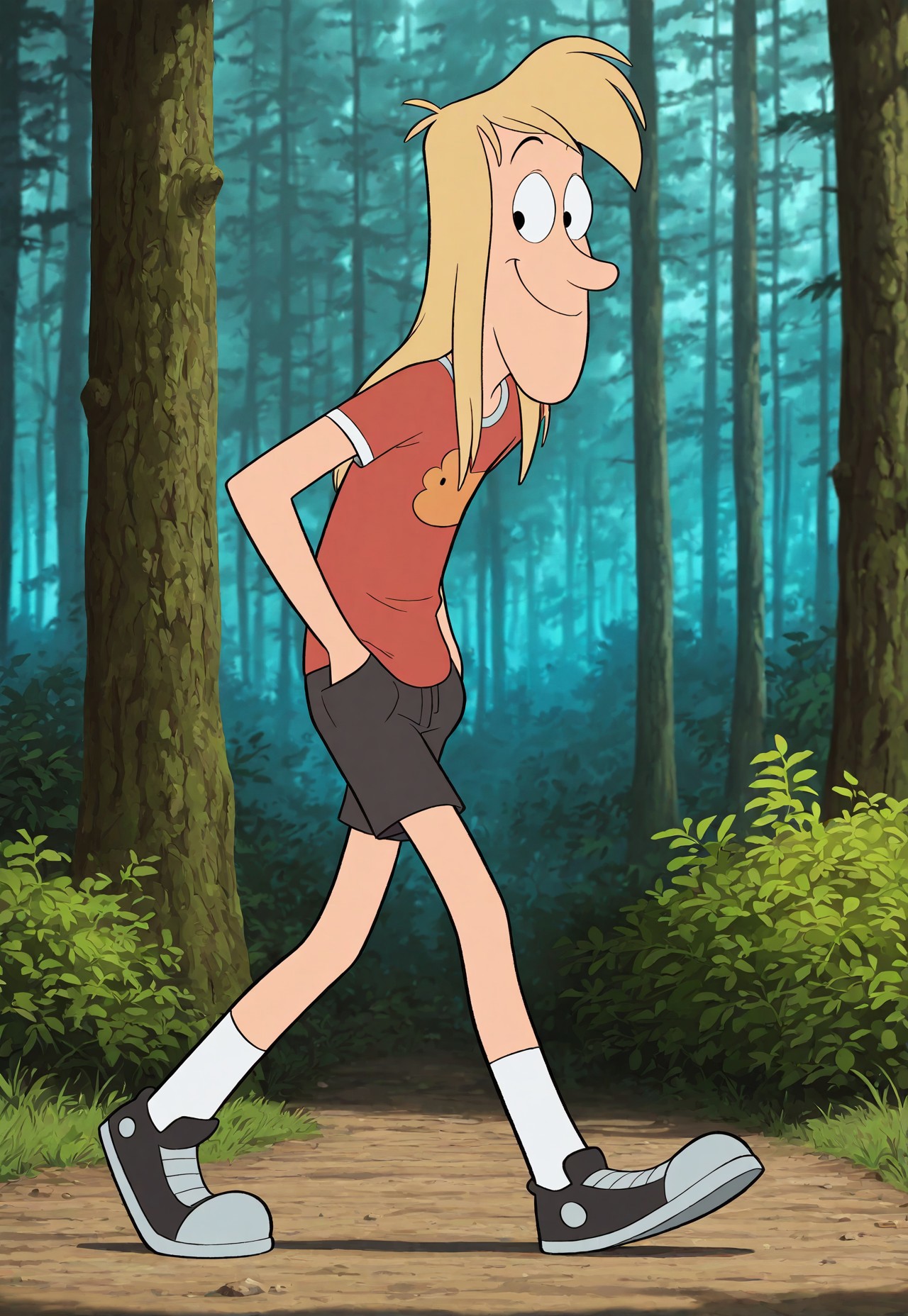 masterpiece, best quality, amazing quality, detailed background, intricate details, dynamic, cinematic, animated, anime realistic shading, solo, male focus, 1boy, handsome, robbi3, le3, blonde hair, long hair, black eyes, half lidded eyes, smile, red shirt, black shorts, white socks, black shoes, male focus, walking, hands on pocket, forest background,