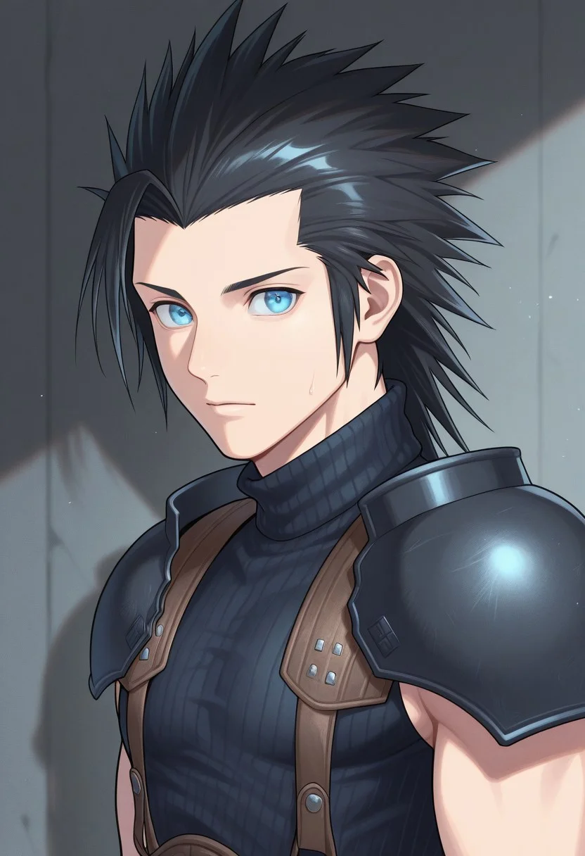 masterpiece,best quality,amazing quality, source_anime,
ZakkusuFea, zack fair, 1boy, male focus, solo, blue eyes, black hair, spiked hair, short hair, shoulder armor, sleeveless turtleneck,