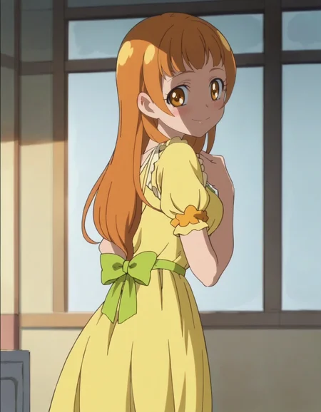 score_9, score_8_up, score_7_up, anime screencap, solo,1girl,yotsubaalice, smile,light yellow nightgown,green ribbon,long hair,straight hair,looking at viewer,cowboy shot ,medium breasts,blush,happy,from behind<lora:yotsubaalice:0.8>
