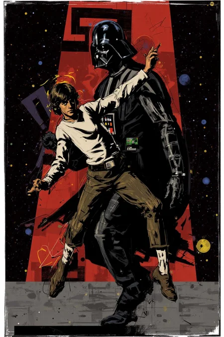 poster illustration. Luke Skywalker dancing with Darth Vader inside the Death Star. <lora:posterillustration_cap_d8a4e11:1.0><lora:846183375925519586:0>