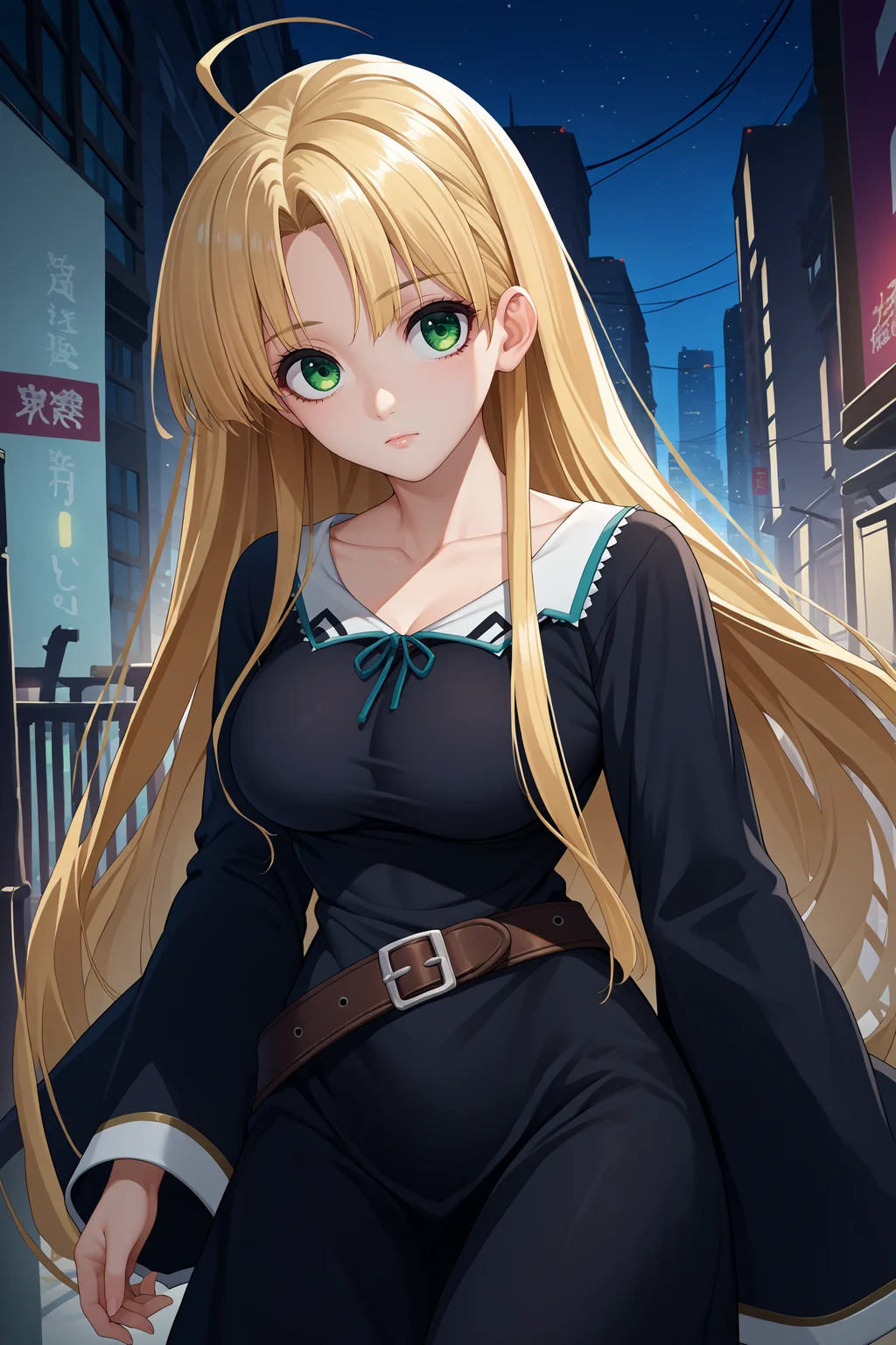 score_9, score_8_up, score_7_up, score_6_up, source_anime, 1girl, solo, <lora:asiaargento-pdxl-nvwls-v1-000005:1> dxdaa, blonde hair, very long hair, green eyes, ahoge, belt, collarbone, black dress, long sleeves, big breasts, looking at you, city, looking at you, night sky, city