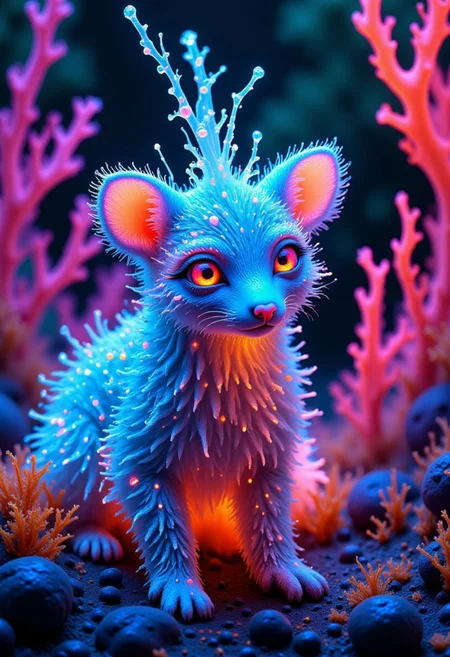 An ultra-detailed macro photograph of a cute microscopic fox made of opal in a fluorescent forest with strange and unknown plants and animals, mystical, stunning, highly detailed, award winning, cinematic still, dreamlike, otherworldly, swirling energy surrounds the fox, vivid colors, dramatic lighting, by night, digital art, intricate patterns, zavy-flrscnt