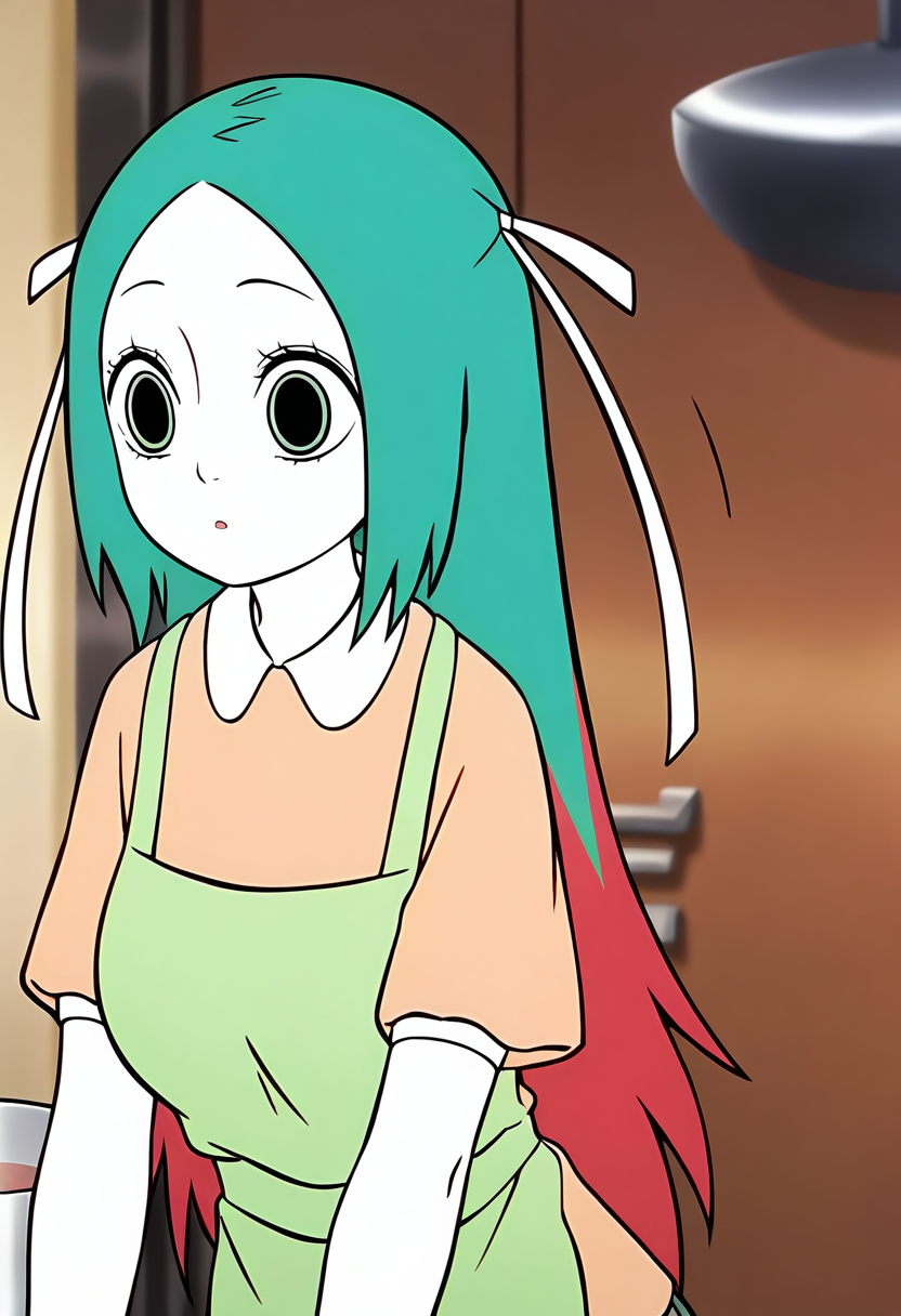 <lora:jingwei:1>,jingwei,1girl,solo,long hair,multicolored hair,red hair,green hair,hair ribbon,white ribbon,black_pulpil,white skin,
 green apron, shirt,, masterpiece,best quality,amazing quality,absurdres, anime screenshot,