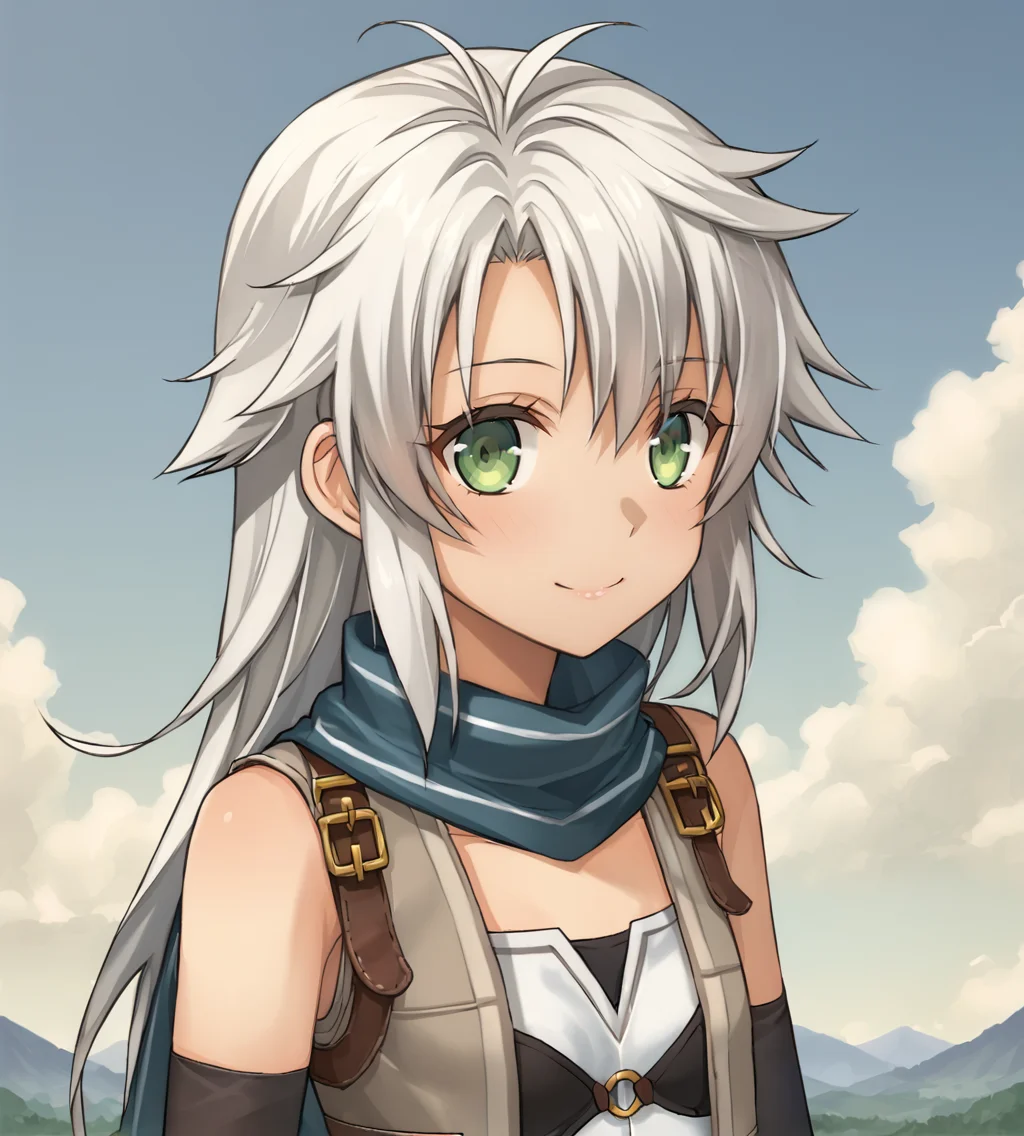 score_9, score_8_up, score_7_up, source_anime, 
BREAK,
<lora:TrailsOfColdSteel-ClassVII:0.9>, Fie Claussell, white hair, long hair, green eyes, small breasts, petite, thin, grey vest, blue scarf, white tube top, grey miniskirt, black thigh boots, garter straps, long gloves, black gloves,
BREAK,
1girl, solo, happy, looking at viewer, upper body, portrait,
BREAK,
mosho
BREAK,
1girl, outdoors, sky, clouds, distant mountains,