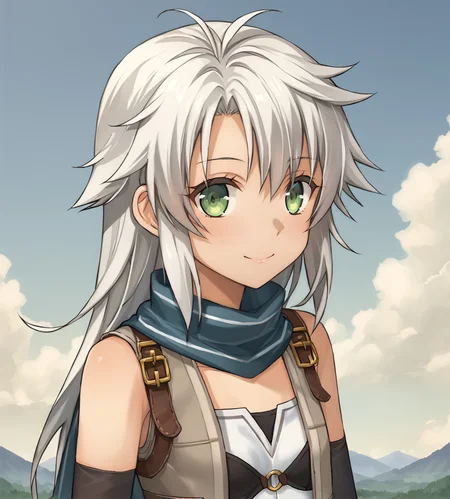 score_9, score_8_up, score_7_up, source_anime,
BREAK,
<lora:TrailsOfColdSteel-ClassVII:0.9>, Fie Claussell, white hair, long hair, green eyes, small breasts, petite, thin, grey vest, blue scarf, white tube top, grey miniskirt, black thigh boots, garter straps, long gloves, black gloves,
BREAK,
1girl, solo, happy, looking at viewer, upper body, portrait,
BREAK,
mosho
BREAK,
1girl, outdoors, sky, clouds, distant mountains,