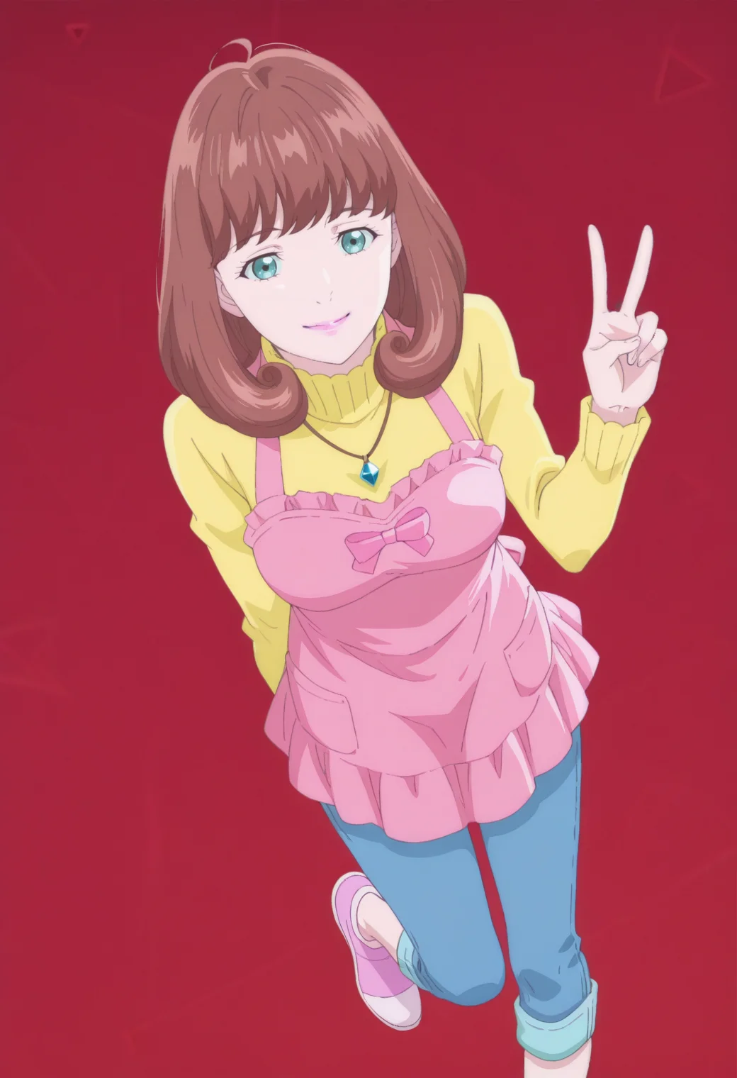anime screencap, anime coloring, 1girl,  solo,   <lora:DX888MiraIL:1>gotokuji mira, aqua eyes, brown hair, medium hair, pink lips,necklace, yellow sweater, turtleneck sweater, pink apron, capri pants, jeans BREAK red background, triangle background, BREAK dutch angle,  from above, dynamic pose, posing, smile,       v, standing on one leg