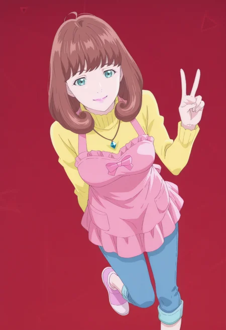 anime screencap, anime coloring, 1girl, solo, <lora:DX888MiraIL:1>gotokuji mira, aqua eyes, brown hair, medium hair, pink lips,necklace, yellow sweater, turtleneck sweater, pink apron, capri pants, jeans BREAK red background, triangle background, BREAK dutch angle, from above, dynamic pose, posing, smile, v, standing on one leg