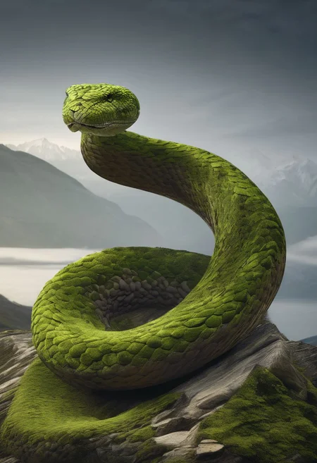 masterpiece, the highest quality,earth element,earth snake,big snake,plain,moss.stones