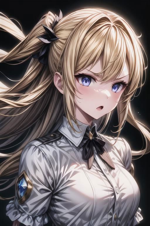 (masterpiece),
Luna,
1girl, blonde, floating hair,
white shirt,
 upper body shot, 
 HDR, highly detailed, 32k,
 black background, anger mood, 
perfect face feature,