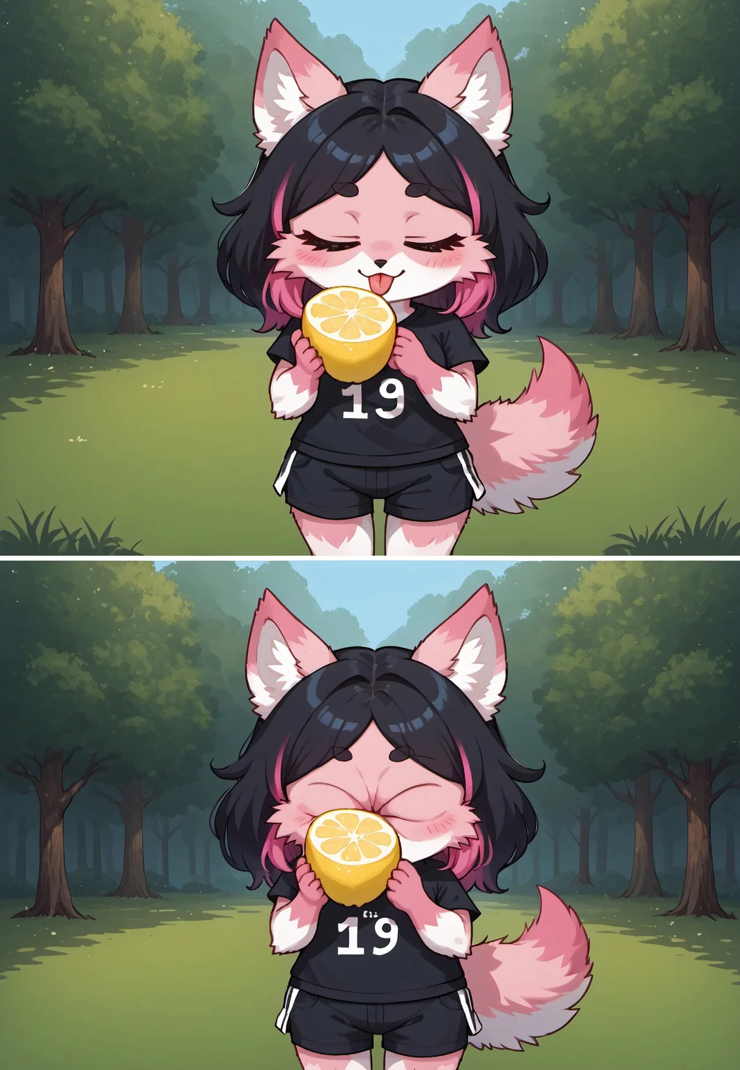 safe_pos, masterpiece, score_9_up, score_8_up, score_7_up, score_6_up, source_furry, (best quality:1.1), ultra-detailed, high resolution, highly detailed macro illustration, duo BREAK anthro fox, (long black hair, pink highlights), breasts, (white fur, pink fur), fluffy ears, bottom heavy, cute, closed eyes, :3, tongue out, holding fruit, lemon slice, black top, sports shorts BREAK thourlemon, chibi, 2koma, lemon slice BREAK outside, beautiful forest, trees, sharp focus, perfect lighting, anatomically correct, extremely detailed, high detail, OverallDetail, zPDXL3