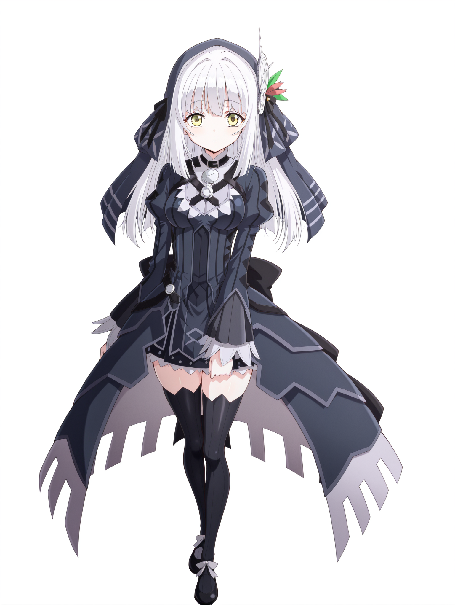 masterpiece,best quality,amazing quality, 1girl, ryuzu, long hair, yellow eyes, white hair, hair ornament, bangs, dress, ribbon, veil, hair ribbon, long sleeves, thighhighs, black thighhighs, black ribbon, zettai ryouiki, anime coloring, looking at viewer, white background, full body <lora:RyuZU:1>