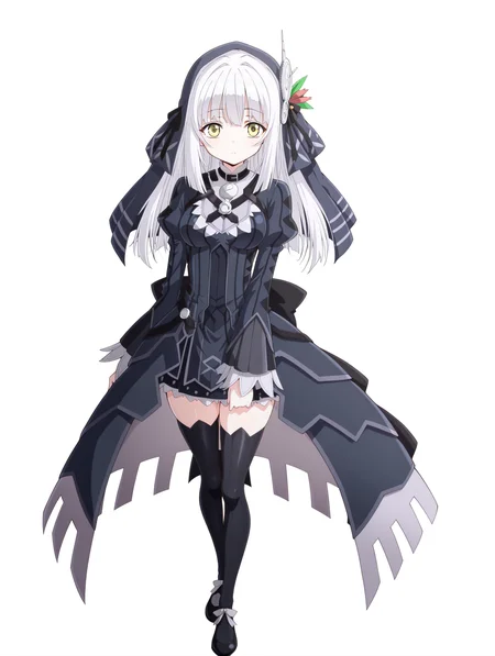 masterpiece,best quality,amazing quality, 1girl, ryuzu, long hair, yellow eyes, white hair, hair ornament, bangs, dress, ribbon, veil, hair ribbon, long sleeves, thighhighs, black thighhighs, black ribbon, zettai ryouiki, anime coloring, looking at viewer, white background, full body <lora:RyuZU:1>
