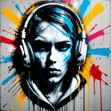 Graffiti art.
Music in art. Emotion. Wearing headphones.
<lora:GraffitiArt01_CE_XL_300-OT:0.6> grftiartCE_style