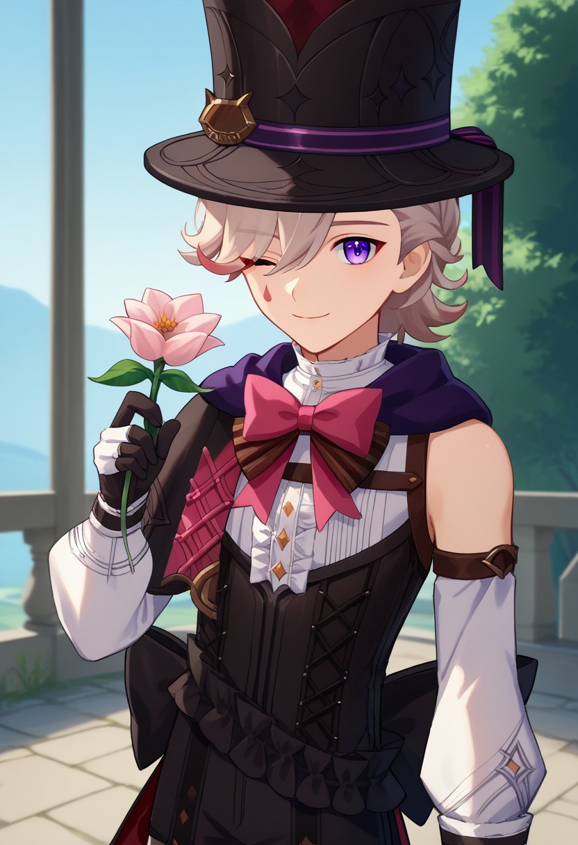 score_9, score_7_up, source_anime 
lyney, 1boy, male focus, solo, purple eyes, blonde hair, short hair, braid, hair over one eye, teardrop facial mark, ouji fashion, hat, top hat, black headwear, capelet, bow, pink bow, shirt, white shirt, frills, center frills, corset, detached sleeves, long sleeves, puffy long sleeves, puffy sleeves, gloves, black gloves, holding, holding flower, looking at viewer, one eye closed, smile, offering flower,
outdoor,