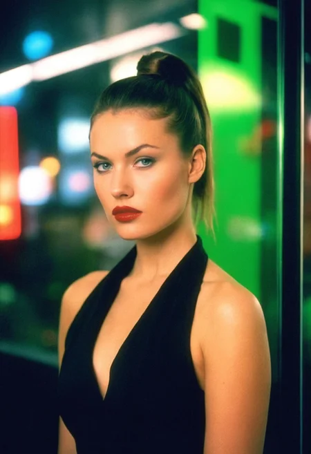 CinematicPortrait woman analog photo brunette (provocative slavic ) ponytail masterpiece indoors, (glossy lipstick), green eyes, (shop window street lights), soft focus, depth of field, film grain, (((looking at viewer))) <lora:CinematicPortraitXL_v3:0.25> <lora:EuroBabe-v4-XL:0.35>