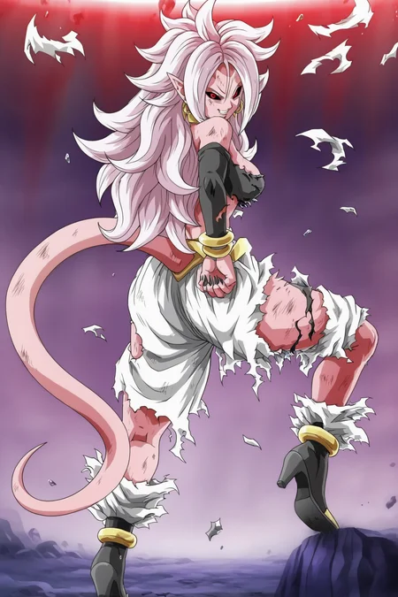source_anime, score_9, score_8_up, score_7_up, anime screencap,
1girl, evil smile, exploding clothes, majin, ki ball, solo, long hair, breasts, earclip, standing, majin tail, full body, white hair, earrings, detached sleeves, pointy ears, looking back, from behind, bracelet, torn clothes, majin eyes, tube top, aura, torn majin pants, pink skin, majin pants, android 21, majin boots, teeth
<lora:c21_pony_v1:0.8>