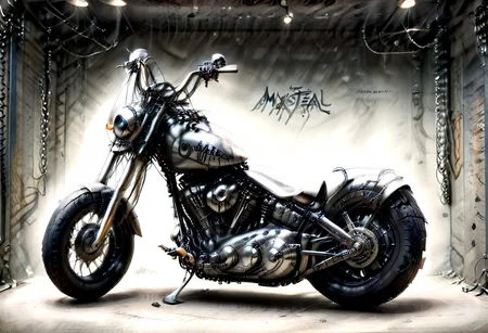 Ultra realistic with high quality and ultra details with excellent focus and contrast, photorealistic image style, ultra realism, high resolution of 1 object rocker motorcycle, mystical and fantastic style, chains attached to it, engravings with elements characteristic of rock metal style music, ((outlined with elements of metal style music))