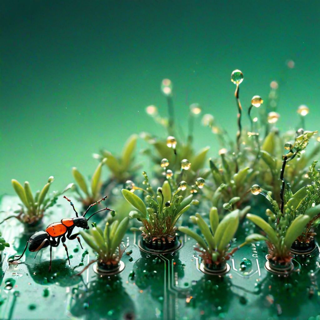 Detailed macro shot, double exposure,  miniature plants sprouting from circuit board, ants and beetles as electronic components, sparkling dewdrops, intricate, hyperrealistic, shallow depth of field, cinematic lighting
