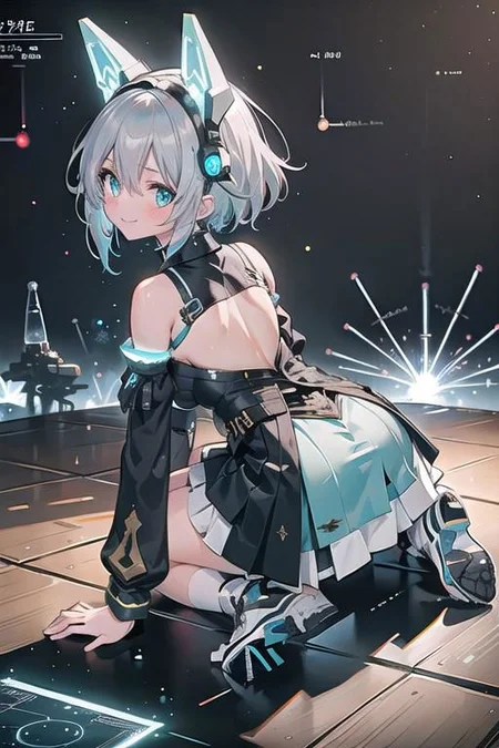 (masterpiece), (science fiction:1.4), 1girl, her back turned, on all fours, smile, silver hair, aqua eyes, headgear, long sleeves, detached sleeves, glowing energy clothing, light particles, short skirt