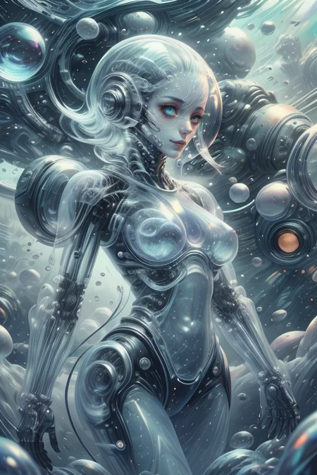 sci-fi style at distance,cowboy shot,posing,flirting,(playful gaze, smirking,radiant smile:1.1),1girl,<lora:BubblyTech:0.7>,bubblytech,transparent,iridescent,see-through,inflated,<lora:transparent_body_lora01:0.5>,transparent body,underwater,(see-through hemlet:1.3),<lora:Concept_-_Hella-sthetic_v2:0.7>,, intricate, elegant, highly detailed, symmetry, magical atmosphere, sharp focus, majestic, very coherent, radiant, advanced, cinematic, artistic, fine detail, winning, beautiful, stunning, dramatic light, designed, rich deep colors, perfect professional background, ambient, tailored set composition  . futuristic, technological, alien worlds, space themes, advanced civilizations