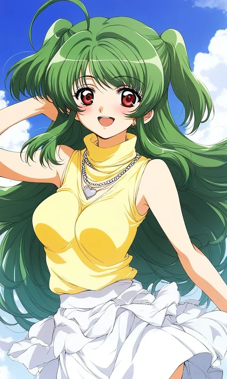 score_9, score_8_up, score_7_up, source_anime, rating_explicit, BREAK  <lora:Yoko_Inukami_XL:1> Yoko_Inukami, green hair,  very long hair, ahoge, red eyes, two side up, jewelry, necklace, breasts, 
white skirt, heart, blush, smile, open mouth, Yellow sleeveless,  sleeveless turtleneck
grassland, sky,