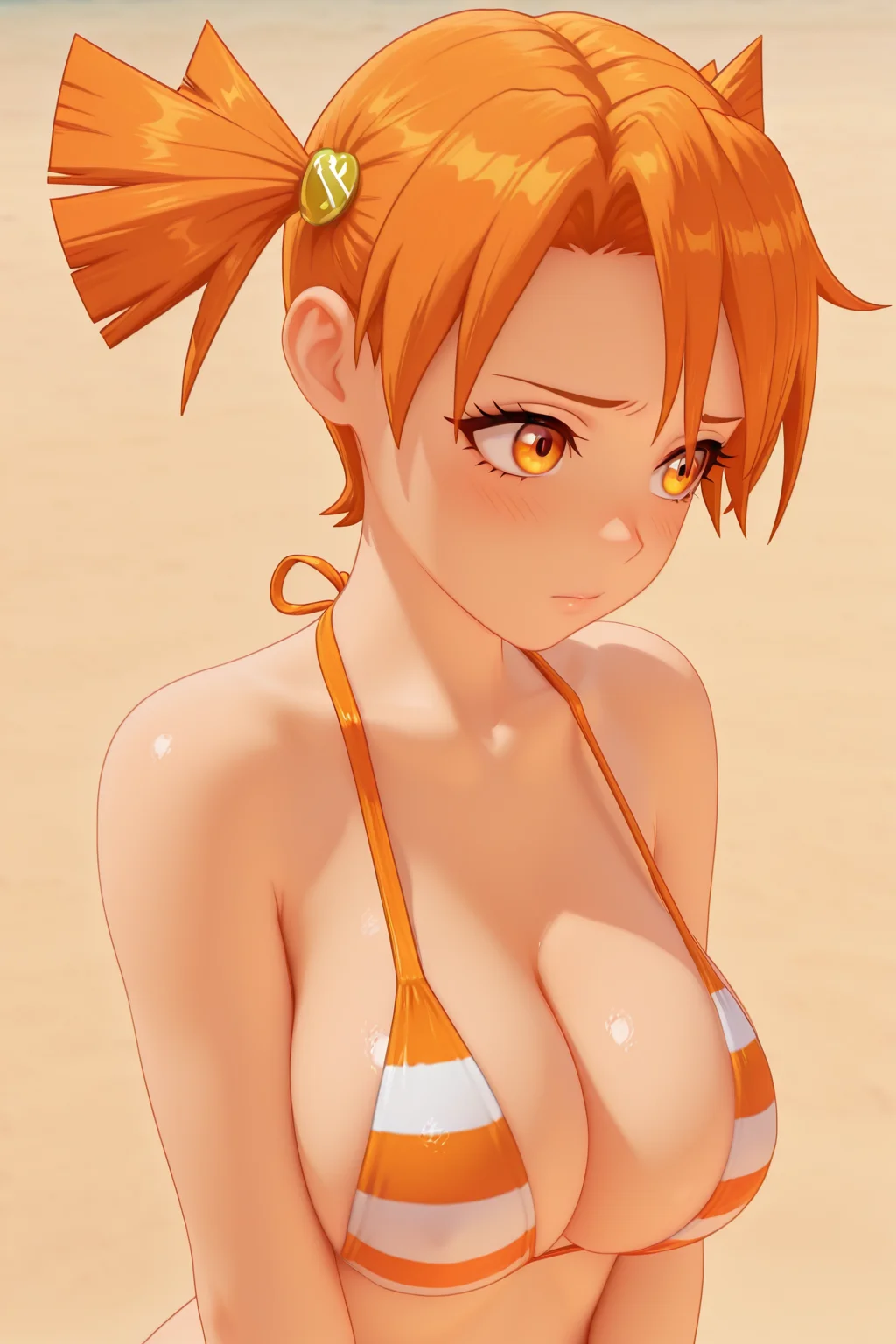 RIIIILF, BTBF, G3NSHIN, 3D, FAlisaF, orange hair, orange eyes, two ponytails, 1girl, solo, striped swimsuit, big breasts, cleavage, beach, simple background, soft, smooth, very aesthetic, masterpiece, best quality, amazing quality, 8k, ultra-HD, high detail