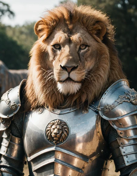 a lion in armor poses for a picture, cinematic close shot <lora:epiCRealismXL-KiSSEnhancer_Lora:1>