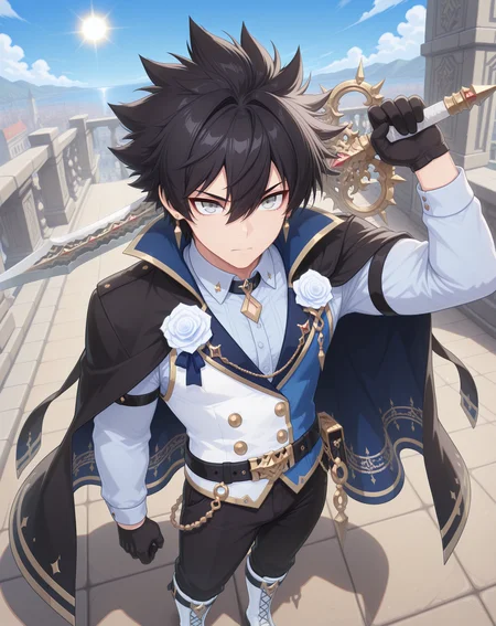 masterpiece, amazing quality, best quality, absurdres, very aesthetic,
1boy, solo, yaoi, male focus, full body, from above, standing, looking at viewer, face focus,
<lora:Sieghart_Wonderland_ilxl:1> sieghartwonderland, spiked hair, black hair, hair between eyes, grey eyes, short hair,
black cape, black gloves, belt, collared shirt, white shirt, long sleeves, gold trim, two-sided fabric, white flower, white rose, white vest, two-tone vest, blue vest, knee boots, black pants, white footwear,
earrings, jewelry,
holding weapon, holding sword, weapon over shoulder,
outdoors, day, blue sky, sun,